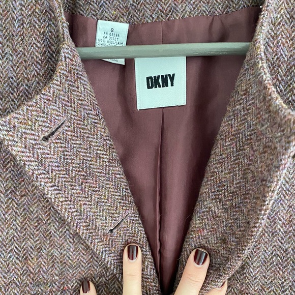 DKNY 100% Wool Jacket Burgundy Houndstooth with Pockets - Picture 7 of 12